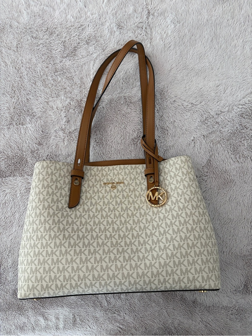 Michael Kors Cream Logo Tote with Tan Leather Straps